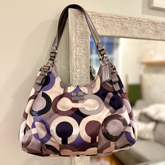 Coach Authentic Signature C’s Shimmer Leather Shoulder Bag Purse - Picture 2 of 8